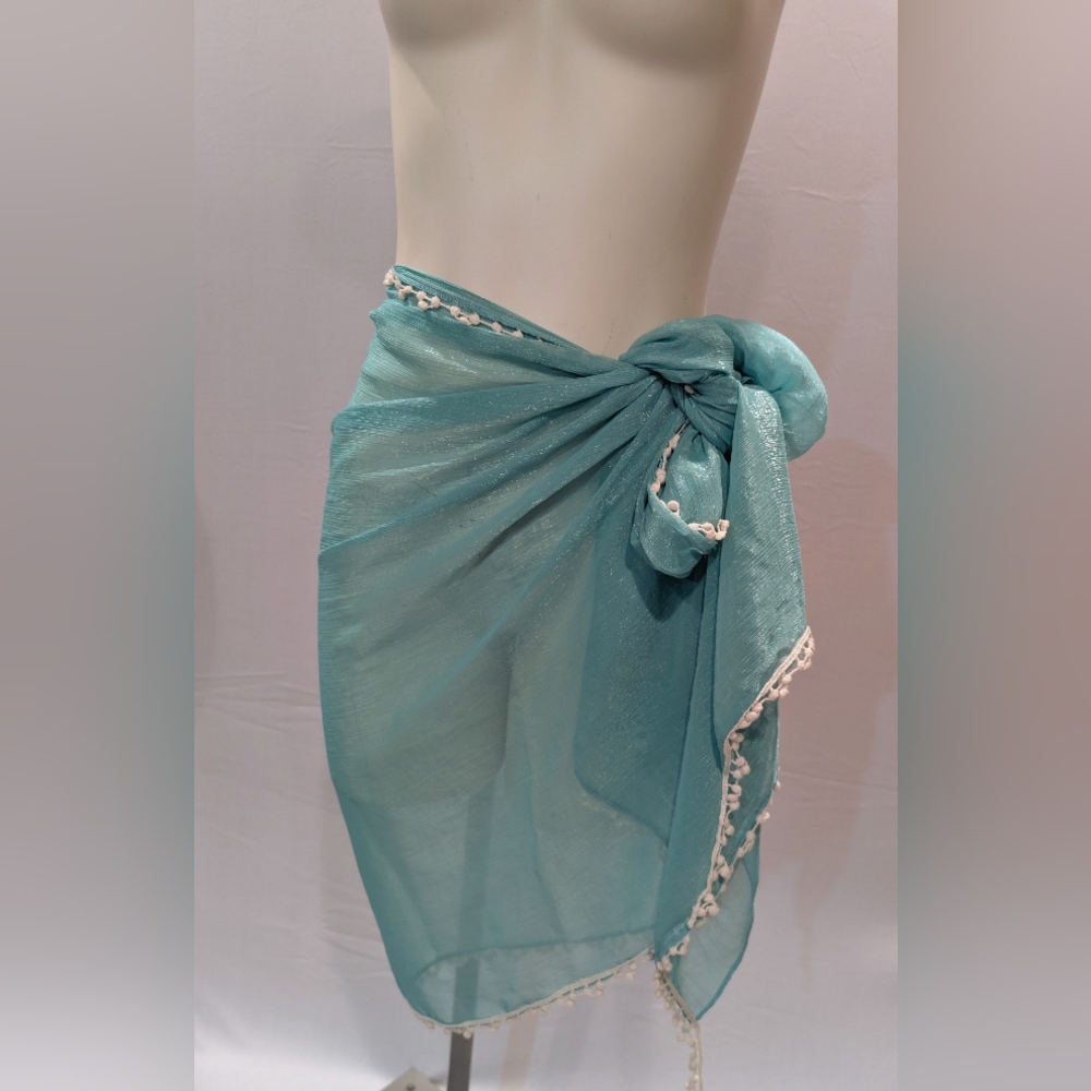 Ashro Turquoise Sheer Wrap with Ivory Accents - Picture 3 of 5